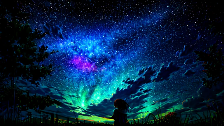 Describe a scene in which a cute girl character is lying on a grassy hill., Look up at the starry sky. Surround her with colorful nebulae and her favorite constellations.