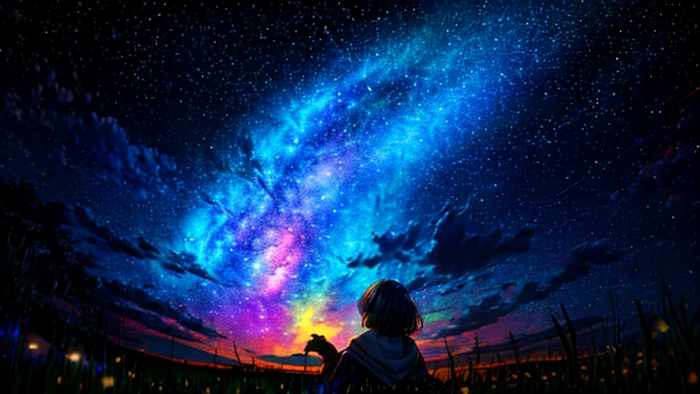 Describe a scene in which a cute girl character is lying on a grassy hill., Look up at the starry sky. Surround her with colorful nebulae and her favorite constellations.