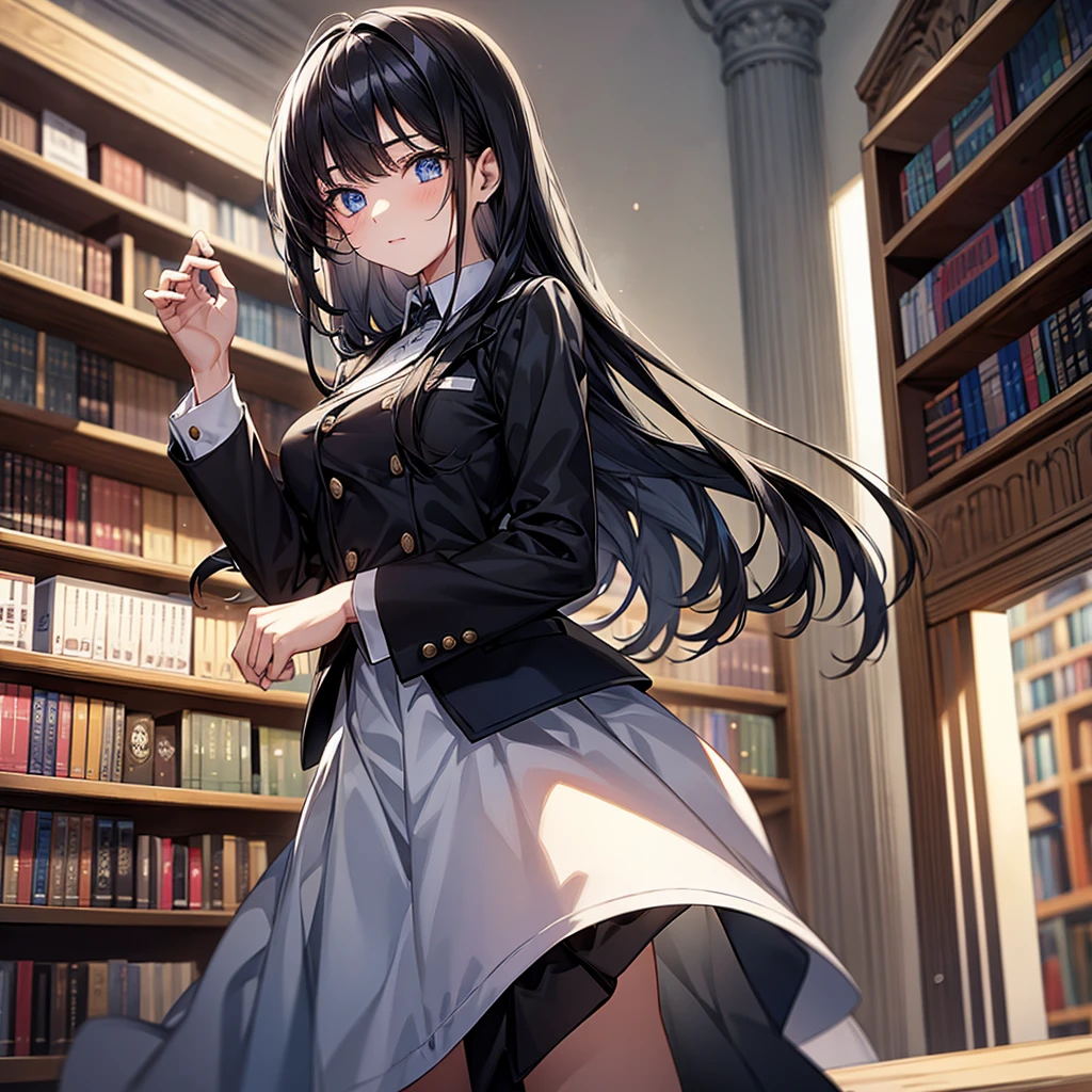 A beautiful girl lost in a library while looking for books wearing a beautiful black uniform with black hairs and light blue eyes