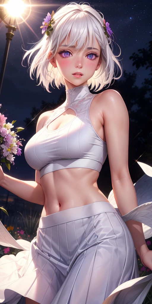 realistic, 1girl, white hair, purple eyes, glowing eyes, crop top, skirt, parted lips, blush, night, flowers, sun, sunlight,