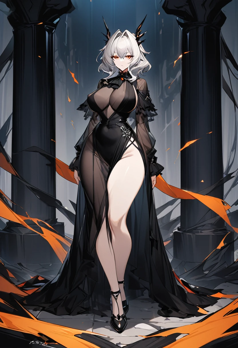 Talulah(Arknights),white hair,curvy body,wears see through black dress, stand by the dark pillar,nsfw, uncensored.