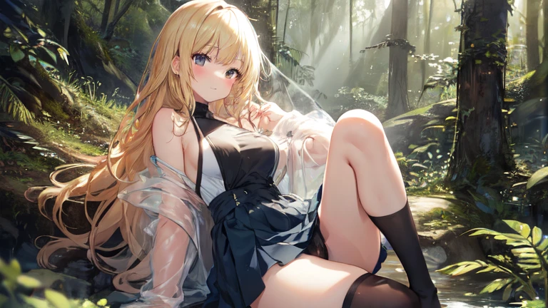 super high quality, Super detailed, Ultra-clear, forest, one person, long blonde hair, sleep, Swimsuit, beautiful color clothes, mini skirt, Stockings, Sexy