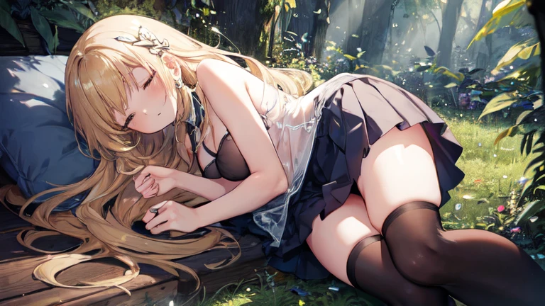 super high quality, Super detailed, Ultra-clear, forest, one person, long blonde hair, sleep, Swimsuit, beautiful color clothes, mini skirt, Stockings, Sexy