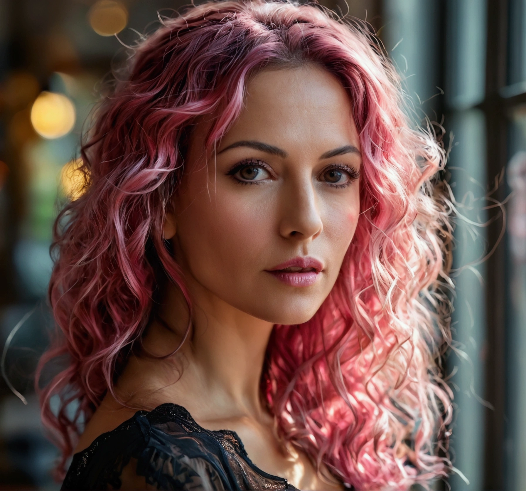 sexy 39-year-old european woman, dark pink-dyed hair tips, mid long wavy haircut. Brown eyes. Best quality, photorealistic,