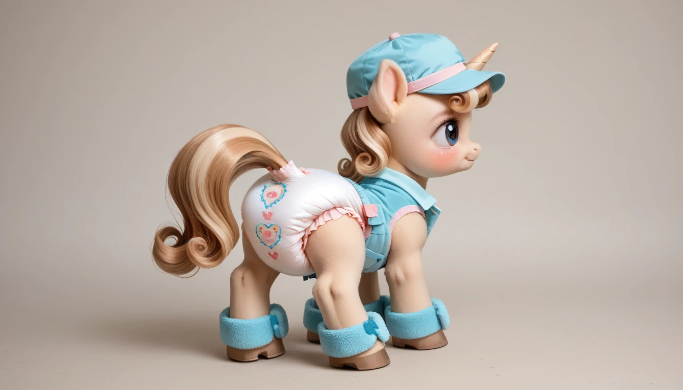 pony, light caramel unicorn, adult filly, stands on four hooves, rear hooves spread wide apart, dressed in a vest, baby blue cap and booties, solo, raised tail, soft pink thick diaper, light pink blush on the cheeks.