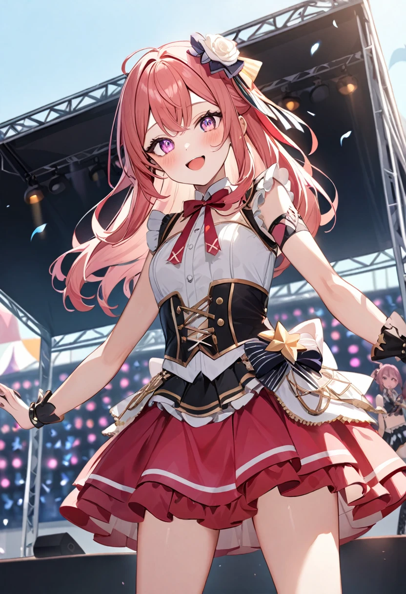 (masterpiece, top quality, very aesthetic, 4k、illustration), intricate detail, 1woman,symmetry、contrapposto 、,(cowboy shot)、Dancing,(star-shaped pupils),Cute 、singing、Open mouth happy smile、Random Hairstyle、Random Hair Color、,middle hair,sidelock ,Random Color　eyes、idol clothes、small breasts、Slim 、Outdoor Stage