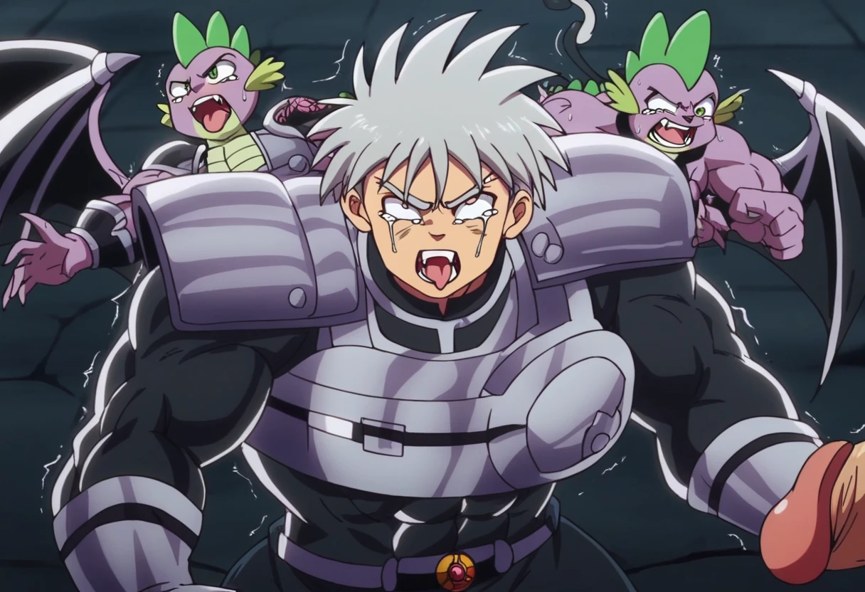Toei animation style,(((Huge muscles))),Face the enemy,High definitionな顔,Hünkel,Handsome,good looking,((Huge penis,Anal Sex)),Crying face,Silver Hair,,8k,High definition,Masterpiece,Detailed Description,Spike Hair,8 heads,tall,Under eye paint,Trembling,muscles like the hulk,countless black tentacles,Sticking out tongue,Lean back,Spider Suit,Shaking his penis and scattering sperm,rape,Devilish wings,Cat ear,armor,(((Black water discharge in the solar plexus 1,8))),Open your mouth wide,Unfocused eyes