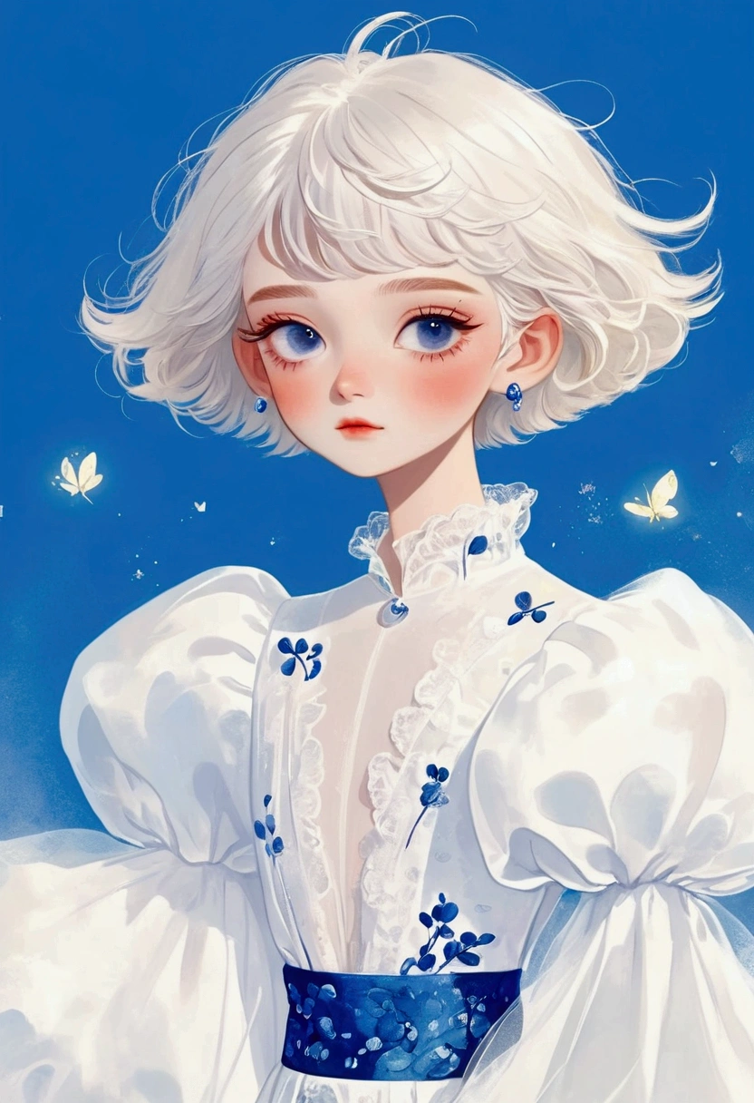 (1 beautiful boy，Blue pupils，White short hair，Delicate hair,glowing body)，(Exaggerated dress，Puffy and exaggerated sleeves，Fluffy，Fluffy白色薄纱)，yellow solid color background