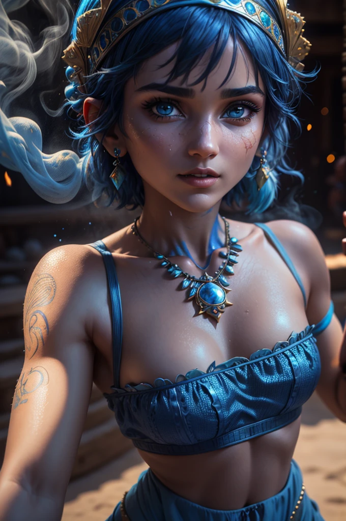 realistic, analog photo, Masterpiece, RAW photo, middle shot, photorealistic, (detailed cute face), genie, (folkloric Arabic creature), (in "Aladdin" style), (cute female, looks like Rachel Cook), short blue hair, blue skin, detailed Arabic village on background, (ghost blue smoke body), smoke particles, halo, (bioluminescent:0.95), vivid colors, vibrant color details, dynamic, Intensed eyes, sexy, pleasure, smoke splash, wishmaster, depth of field, 35mm, film grain, raw photo, isometric, extremely detailed