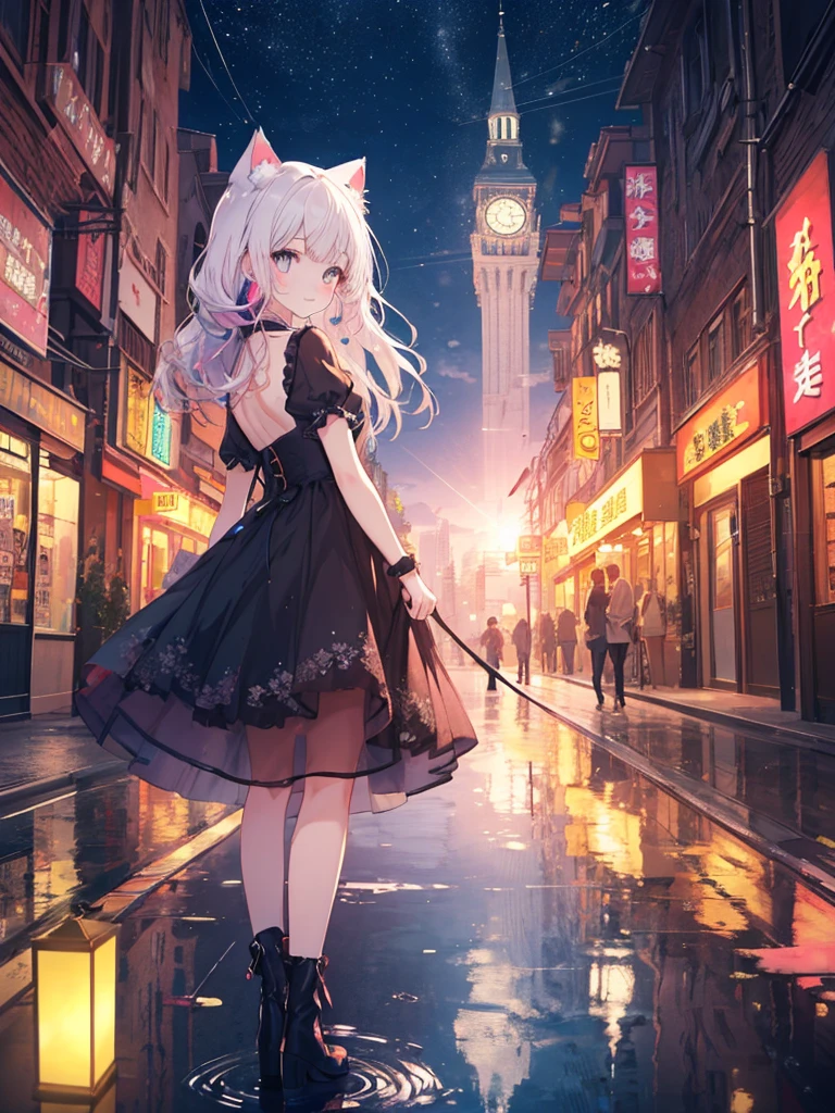 Absurd, High resolution, (Anime Style:1.1), ((Tabletop)), ((Highest quality)), (Very detailed), (beautiful), alone, beautiful face、(lift),12 years old、beautiful Fine Star々、Cute girl in cute clothes standing on high hill、私はとてもbeautifulです, Delicate and detailed urban night view、One Girl、beautiful colorful hair, Colorful eyes,View your audience,Lens flare,dramatic, From the back、Whole Body Ezbian、Low - Angle、(Neon Light、Accessories for girls who shine with reflection:1.3)、Laughter, Cat ear, A small smile