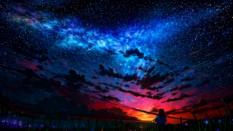 Describe a scene in which a cute girl character is lying on a grassy hill., Look up at the starry sky. Surround her with colorful nebulae and her favorite constellations.
