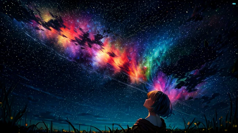 Describe a scene in which a cute girl character is lying on a grassy hill., Look up at the starry sky. Surround her with colorful nebulae and her favorite constellations.