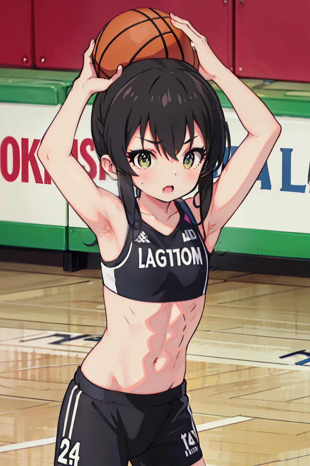 1 cute muscular girl，Has short black hair，coordination，Strong arms，Eight-pack abs，whole body，Blue veins，basketball