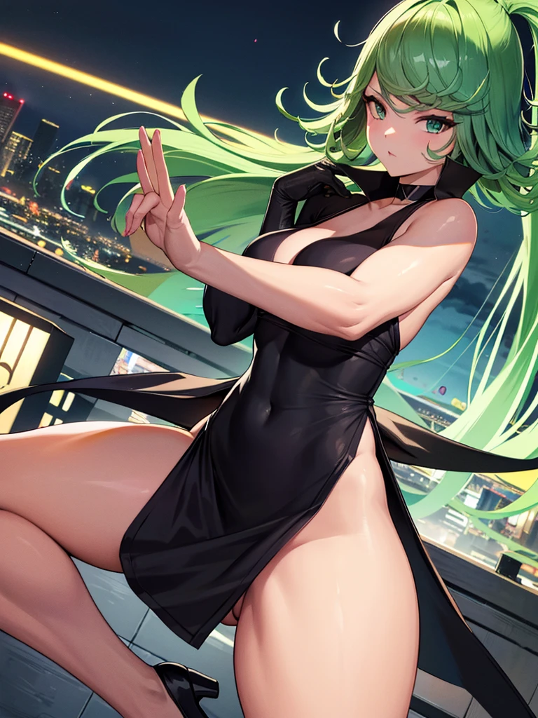 (high res, 8K, masterpiece, looking at viewer, best quality, very aesthetic, ultra detailed, ultra background, ultra Eyes), intricate details, 1girl, Tatsumaki, wears a form-fitting V-neck black dress with a high collar, long trumpet sleeves, and four high-cut leg slits with pointed ends that show off her shapely long legs and black low-heeled shoes, Big Ass, Perverted Face, Cheeks Flushed, Bend Down, Sweety Body, Ass the Camera, Background Night City, Apartment Roof, Cinematic Angle