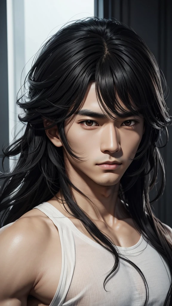 a man with a black curly long hair big black eyes, dress and white top tank, inspired by Zhang Ling He, an anime portrait of a handsome man, realistic anime art style, digital illustration, portrait of kpopidol, pictured from studio, handsome stunning realistic, detailed face of an Asian handsome boy, stunning handsome boy face portrait, very detailed of digital painting, 8k realistic,
