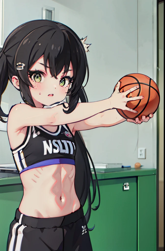 1 cute muscular girl,Has short black hair,coordination,Strong arms,Eight-pack abs,whole body,Blue veins,basketball