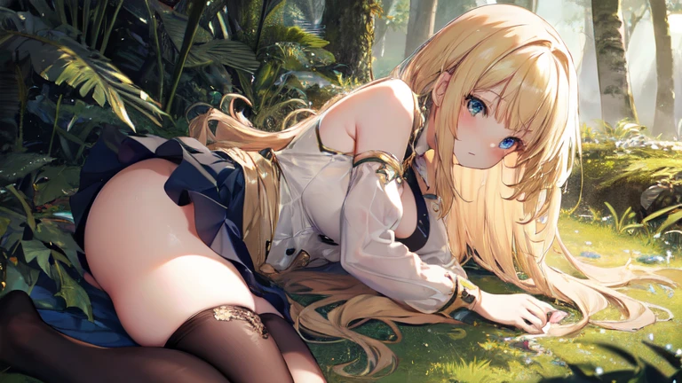 super high quality, Super detailed, Ultra-clear, forest, one person, long blonde hair, sleep, Swimsuit, beautiful color clothes, mini skirt, Stockings, Sexy