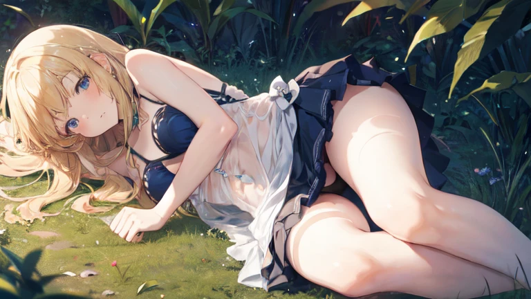 super high quality, Super detailed, Ultra-clear, forest, one person, long blonde hair, sleep, Swimsuit, beautiful color clothes, mini skirt, Stockings, Sexy