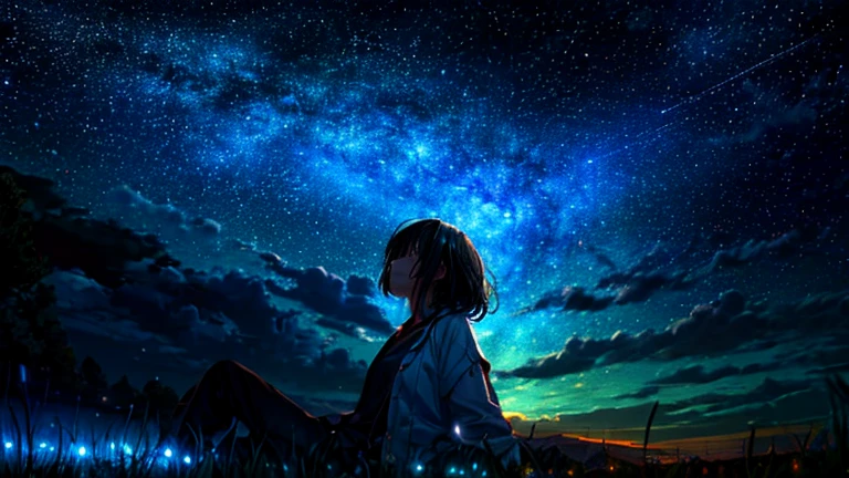 Describe a scene in which a cute girl character is lying on a grassy hill., Look up at the starry sky. Surround her with colorful nebulae and her favorite constellations.