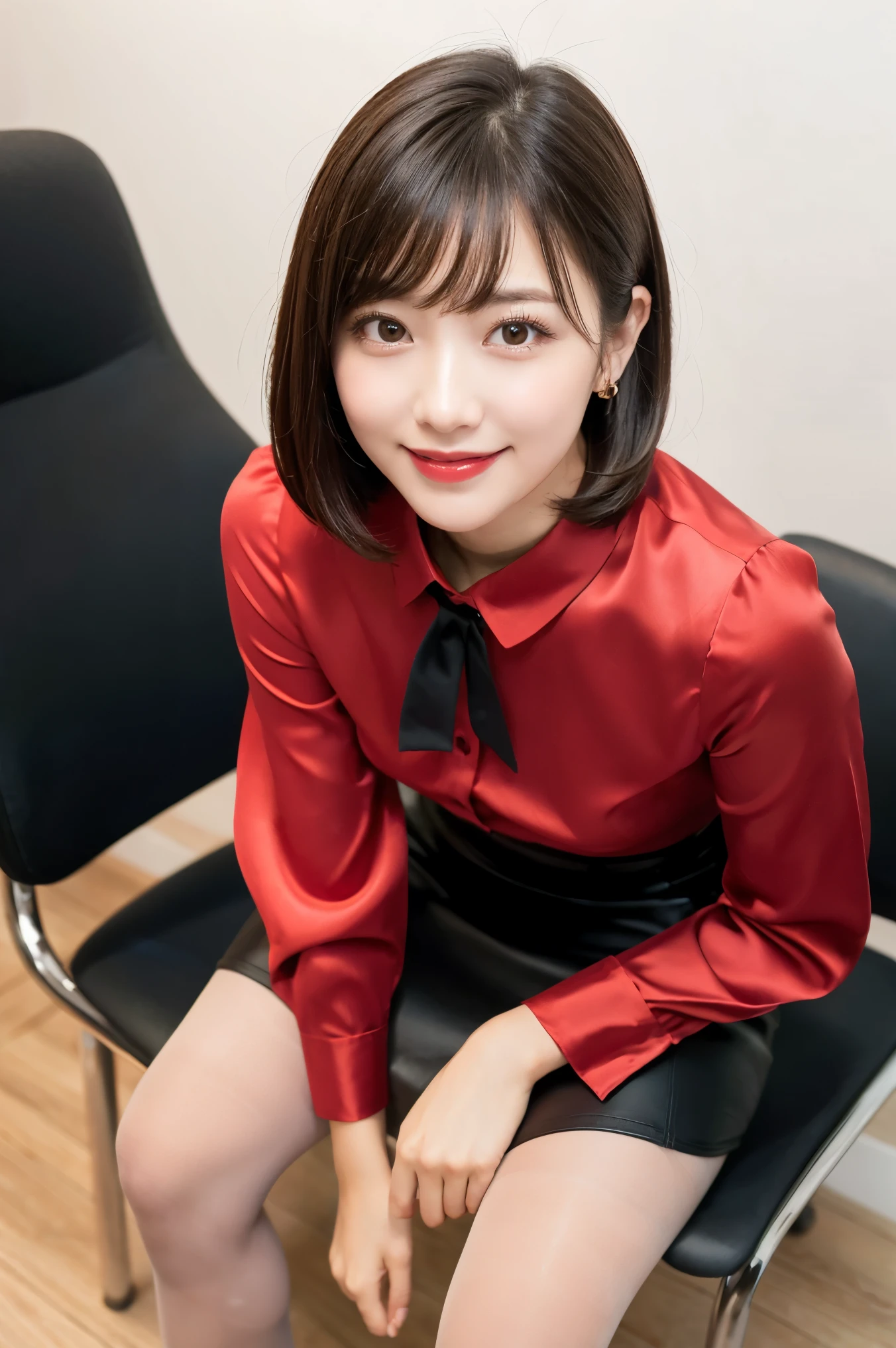 (((8k、High resolution、Highest quality、High resolution)))alone、Natural body shape、1 girl, (Look at the camera with a smile), 20-year-old, OL、cute, Japanese, Gradient Hair Color, Wolf Bob Cut Hairstyle, Ponytail hairstyle, Natural lips, (Glossy Satin Blouse、Tight Skirt、Business Fashion, Ultra-realistic pantyhose), Modern place background, Full Body Shot、Sit on a chair、 Face Focus, Perfect body, Perfect Arms, Perfect Fingers, Perfect Legs, Perfect Hair, pores, Realistic skin texture, Perfect Teeth, (Low position), (Low Angle)