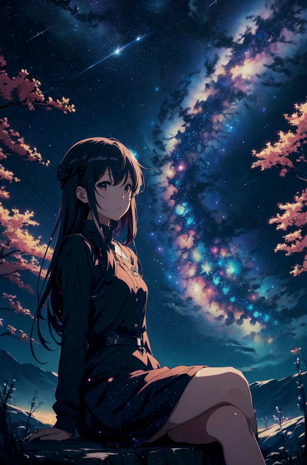 anime girl,bright eyes,cape,Hood removed,Hair Two Colors Red,violet,the forest,mountain,Tower,Against the Background of a Huge World with an Endless Horizon,Flame Envelops the Tower,4K wallpaper,Art wallpaper Anime,Colorful world