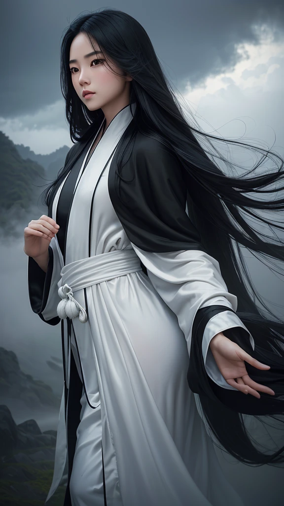 masterpiece, best quality,photorealistic,best shadow, delicate, RAW,(1 girl,cute, black hair,very long hair),(loong midair, flying,Looking at the camera,misty,fog, ), Dark clouds cover the sky,misty , cloudy sky (Sexy Chinese Taoist woman (long hair,Sexy Taoist robe ) ) ,