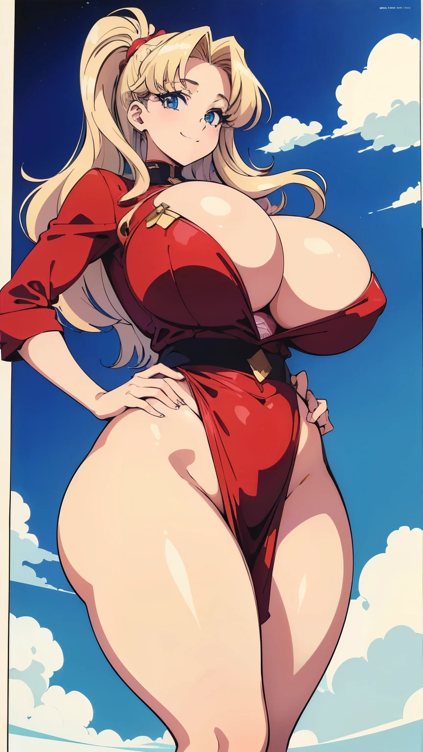 (Highest quality, Very detailed, Ultra-high resolution, 8K images), White Tone, Sexy Girl, White Curly Hair , Big Breasts , A sloppy smile, gigantic breasts:1.3, curvy body, mammasize, 1990's anime cels style,