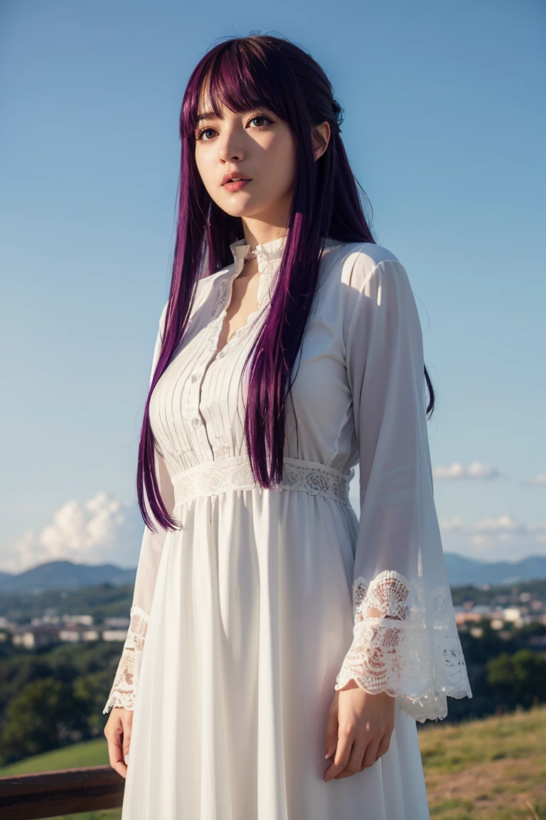 distant, distant, long hair, bangs, (purple eyes:1.1), purple hair, sidelocks, blunt bangs, (bright pupils:1.5), BREAK long sleeves, dress, white dress, long dress, Wearing a black robe, BREAK outdoor, night, sky, castle, moon, clouds, BREAK looking at viewer, (cowboy shot:1.5), BREAK (masterpiece:1.2), best quality, high resolution, unity 8k wallpaper, (illustration:0.8), (beautiful detailed eyes:1.6), extremely detailed face, natural lighting, extremely detailed CG, (perfect hands, perfect anatomy)