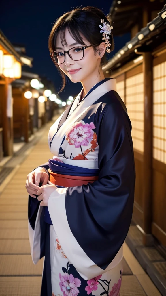 (Super beautiful woman in kimono)、((highest quality、8K masterpiece:1.3))、sharp focus:1.2、(super beautiful face:1.0)、(shiny skin:1.0)、realistic pictures、black hair、video lighting、High resolution eyes and face、video lighting、japanese actress、from the front、big breasts、with a happy smile、Slender abs beauty、whole body、wearing a kimono、in Kyoto、(((luxury obi)))、In Kyoto at night、wearing glasses with no edge、with a fan、Fireworks Display