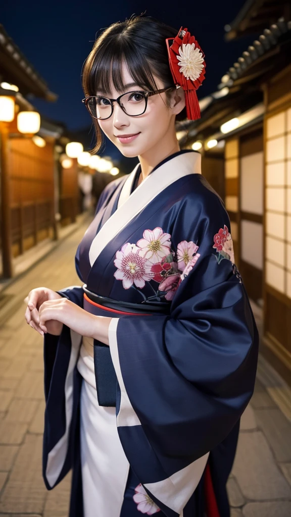 (Super beautiful woman in kimono)、((highest quality、8K masterpiece:1.3))、sharp focus:1.2、(super beautiful face:1.0)、(shiny skin:1.0)、realistic pictures、black hair、video lighting、High resolution eyes and face、video lighting、japanese actress、from the front、big breasts、with a happy smile、Slender abs beauty、whole body、wearing a kimono、in Kyoto、(((luxury obi)))、In Kyoto at night、wearing glasses with no edge、with a fan、Fireworks Display