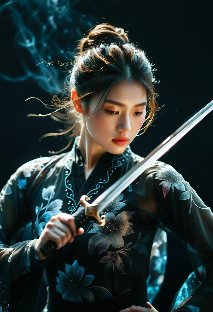 RAW photo,award winning photo,(masterpiece:1.3),(best quality,ultra detailed,intricate),professional photography,professional lighting,HDR,High Dynamic Range,(((photo realistic,ultra realistic,photorealistic,8k uhd))),beautiful and aesthetic, ,female samurai posing with sword,sitting,kimono covers only half her body,almost naked,arm wraps,<lora:anxiang:0.8>,
