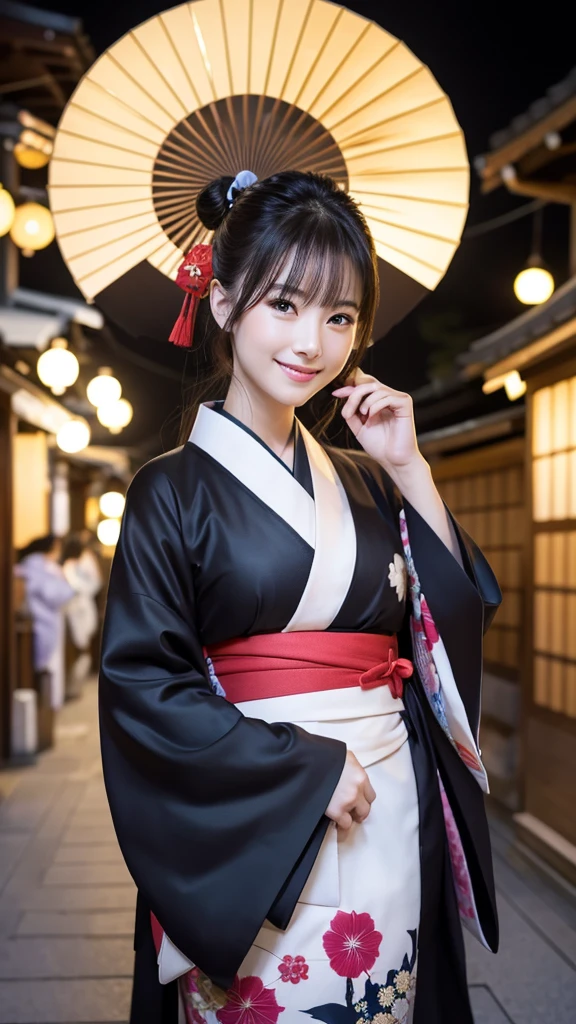 (Super beautiful woman in kimono)、((highest quality、8K masterpiece:1.3))、sharp focus:1.2、(super beautiful face:1.0)、(shiny skin:1.0)、realistic pictures、black hair、video lighting、High resolution eyes and face、video lighting、japanese actress、from the front、with a happy smile、whole body、wearing a kimono、in Kyoto、(luxury obi)、with a fan、Fireworks Display