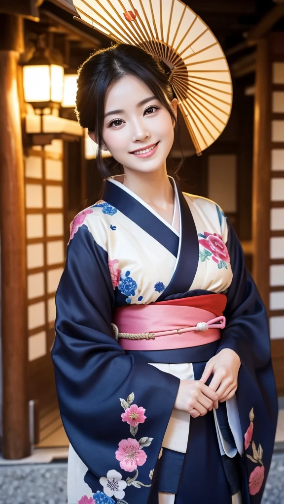 (Super beautiful woman in kimono)、((highest quality、8K masterpiece:1.3))、sharp focus:1.2、(super beautiful face:1.0)、(shiny skin:1.0)、realistic pictures、black hair、video lighting、High resolution eyes and face、video lighting、japanese actress、from the front、with a happy smile、whole body、wearing a kimono、in Kyoto、(luxury obi)、with a fan、Fireworks Display