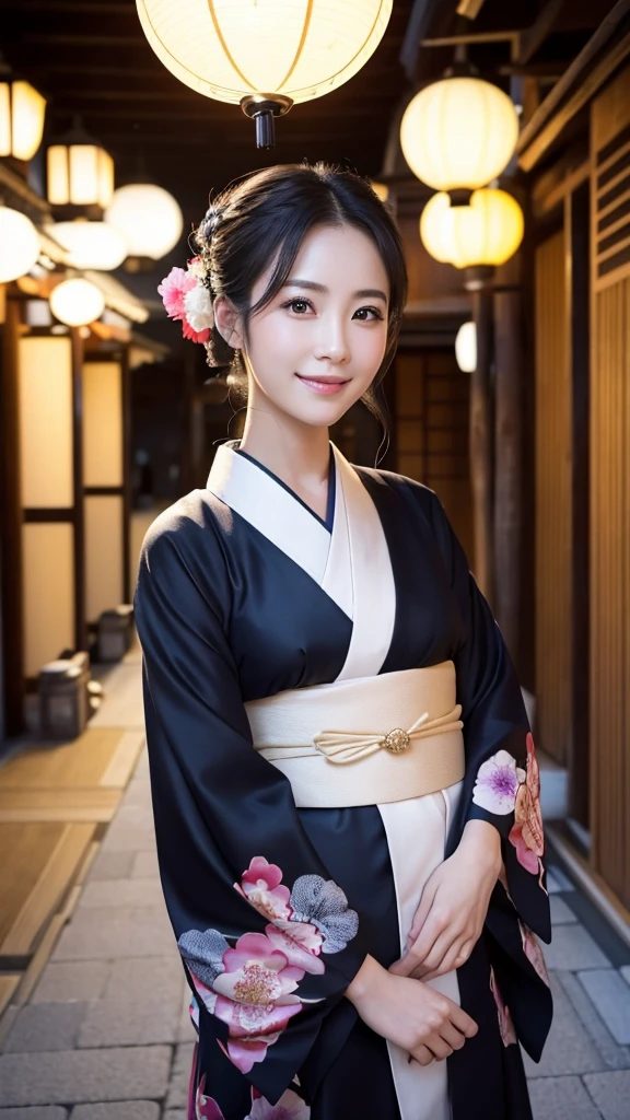 (Super beautiful woman in kimono)、((highest quality、8K masterpiece:1.3))、sharp focus:1.2、(super beautiful face:1.0)、(shiny skin:1.0)、realistic pictures、black hair、video lighting、High resolution eyes and face、video lighting、japanese actress、from the front、with a happy smile、whole body、wearing a kimono、in Kyoto、(luxury obi)、with a fan、Fireworks Display