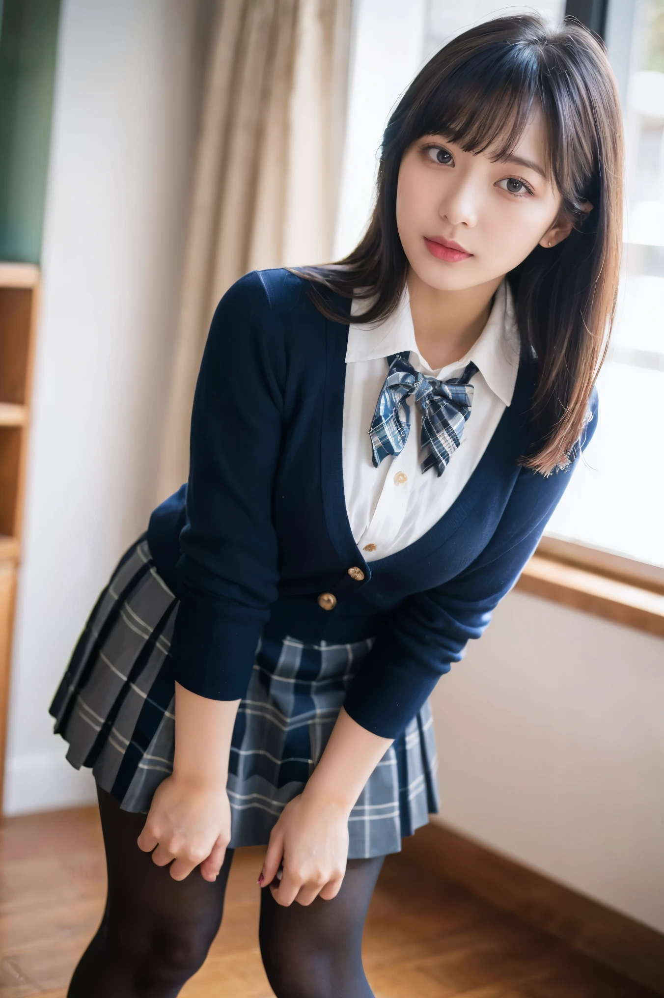 (((8k、High resolution、Highest quality、High resolution)))alone、Natural body shape、White skin、Natural Makeup、((Black Hair、bangs、Straight Long Hair))、((()))、Squat、(:1.4)、(())、(((((Full body photo)))))、(((Looking into the camera)))、(((Wear a uniform on the upper body)))、Bedroom、(((Of high school))) 、((white collared long sleeve blouse))、((Beige cardigan))、((Pleated skirt with dark blue plaid pattern、mini skirt、Ultra-realistic hose))、、、Expressionless、((Exposing your thighs)), Beautiful maturn