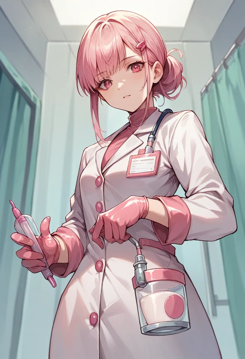 1girl, bangs, ((pink surgical gloves)), ((surgical gloves)), ((latex gloves)), ((((long sleeves)))), looking at viewer, ((pink doctor outfit)), standing, solo