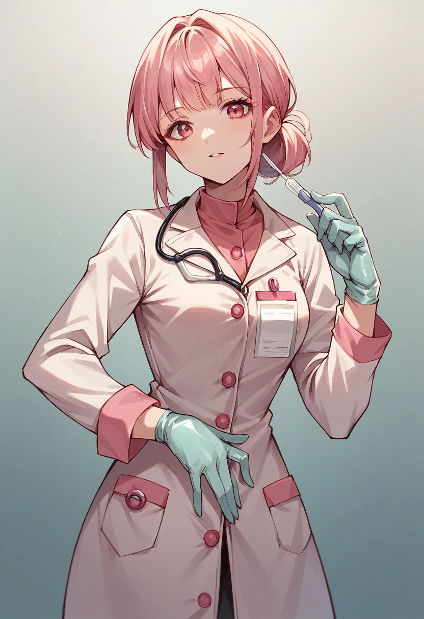 1girl, bangs, ((pink surgical gloves)), ((surgical gloves)), ((latex gloves)), ((((long sleeves)))), looking at viewer, ((pink doctor outfit)), standing, solo