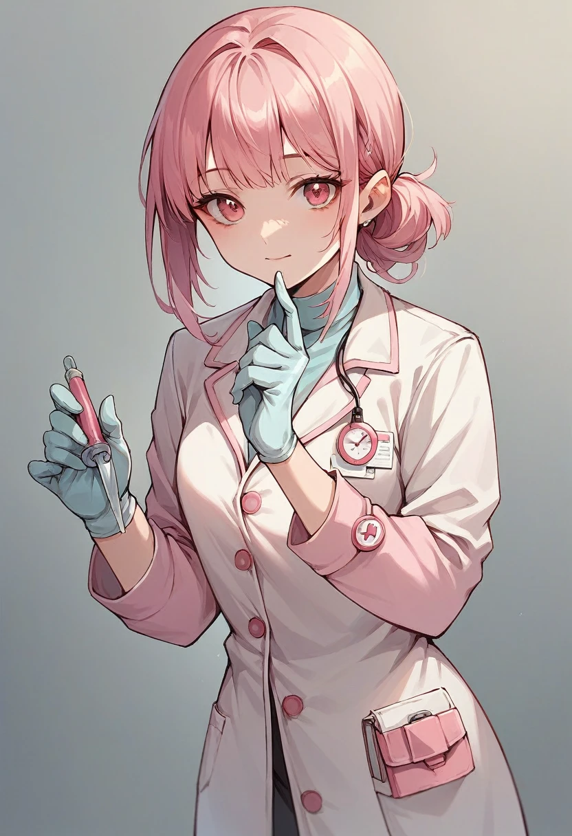 1girl, bangs, ((pink surgical gloves)), ((surgical gloves)), ((latex gloves)), ((((long sleeves)))), looking at viewer, ((pink doctor outfit)), standing, solo