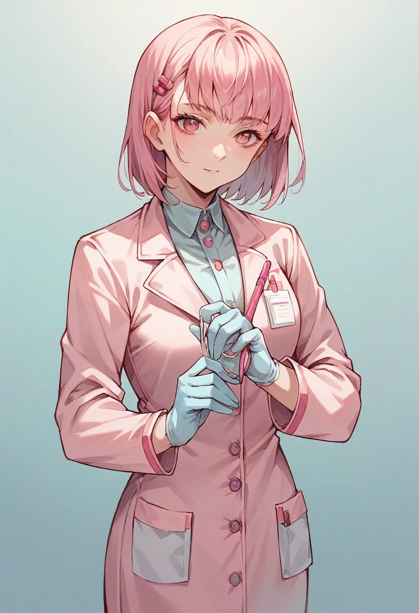 1girl, bangs, ((pink surgical gloves)), ((surgical gloves)), ((latex gloves)), ((((long sleeves)))), looking at viewer, ((pink doctor outfit)), standing, solo