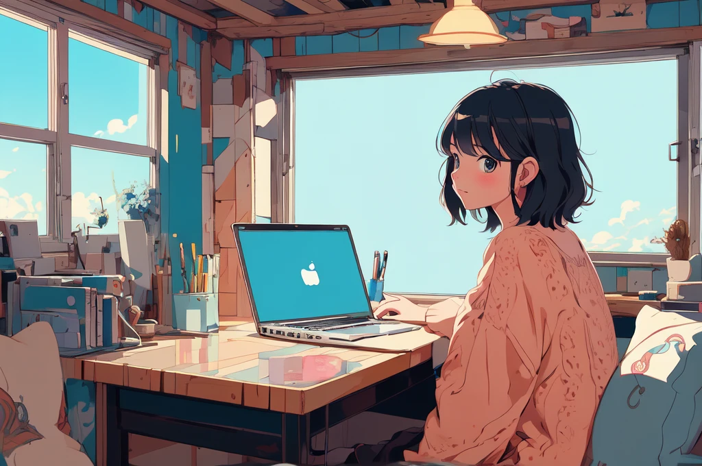 cartoon girl sitting at a desk with a laptop computer, cartoon style illustration, digital anime illustration, in the art style of bowater, in style of digital illustration, illustration style, beautiful illustration, cute detailed digital art, beautiful digital illustration, stunning art style, trending on artstration, proffesional illustration, cute digital art, procreate illustration, beautiful drawing style