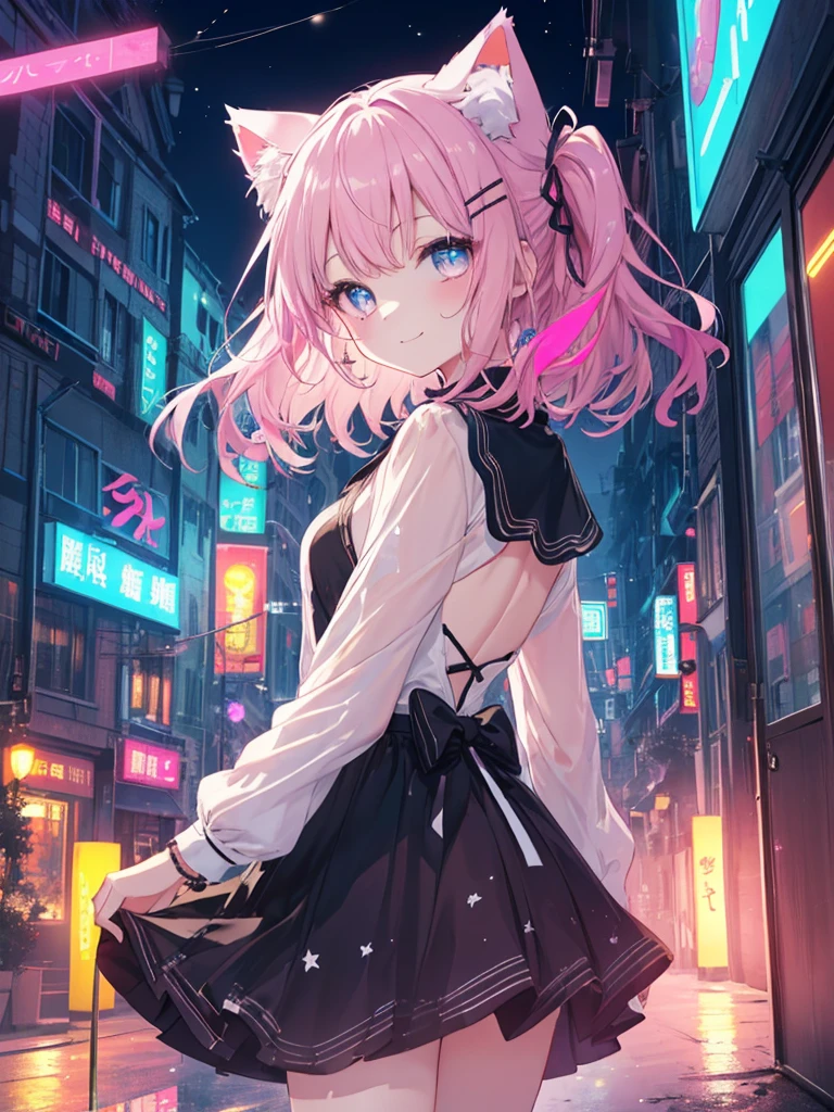 Absurd, High resolution, (Anime Style:1.1), ((Tabletop)), ((Highest quality)), (Very detailed), (beautiful), alone, beautiful face、(lift),、beautiful Fine Star々、Cute girl in cute clothes standing on high hill、私はとてもbeautifulです, Delicate and detailed urban night view、One Girl、beautiful colorful hair, Colorful eyes,View your audience,Lens flare,dramatic, From the back、Whole Body Ezbian、Low - Angle、(Neon Light、Accessories for girls who shine with reflection:1.3)、Laughter, Cat ear, A small smile