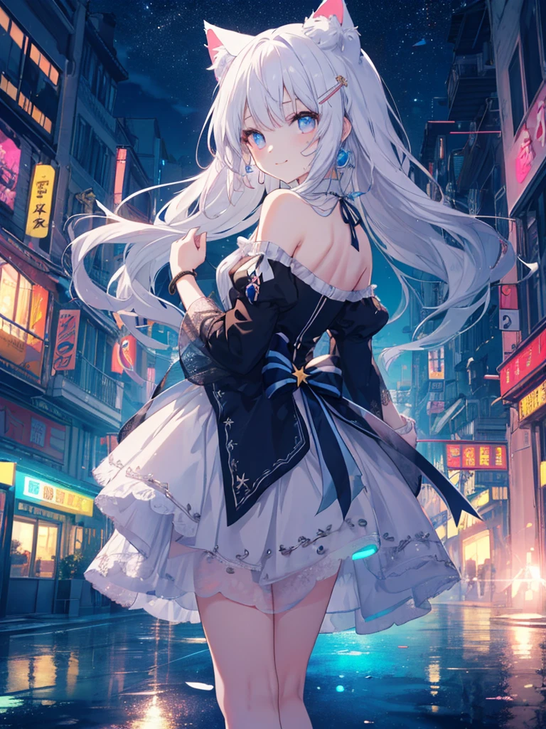 Absurd, High resolution, (Anime Style:1.1), ((Tabletop)), ((Highest quality)), (Very detailed), (beautiful), alone, beautiful face、(lift),12 years old、beautiful Fine Star々、Cute girl in cute clothes standing on high hill、私はとてもbeautifulです, Delicate and detailed urban night view、One Girl、beautiful colorful hair, Colorful eyes,View your audience,Lens flare,dramatic, From the back、Whole Body Ezbian、Low - Angle、(Neon Light、Accessories for girls who shine with reflection:1.3)、Laughter, Cat ear, A small smile