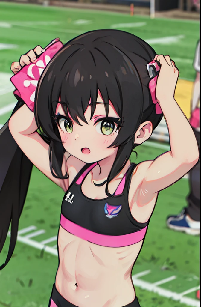 1 cute muscular girl，Has short black hair，coordination，Strong arms，Eight-pack abs，whole body，Blue veins，football