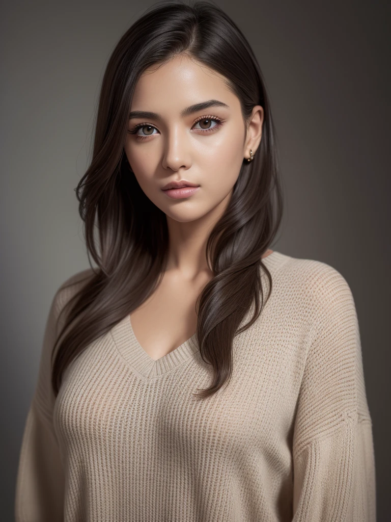 (best quality,4k,8k,highres,masterpiece:1.2),ultra-detailed,(realistic,photorealistic,photo-realistic:1.37),vibrant colors,dramatic lighting,award winning digital art a full body portrait of a beautiful girl, detailed intricate, serene expression, wearing sweater, detailed clothing folds, detailed jewelry, detailed background