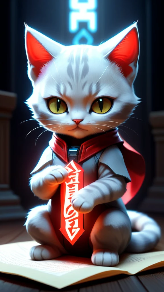 NESStylea tiny adorable demonic kitten meditating, wrapped in sacred parchment with glowing text, smooth, intricate, elegant, digital painting, artstation, power runes, pulsing energy, concept art, sharp focus, octane render, illustration, art by shintaro kago and beeple, overwatch character,, NES-inspired, gray plastic, red plastic, 24mm, (analog, cinematic, film grain:1.3), Bokeh DOF, (Masterpiece:1.3) (best quality:1.2) (high quality:1.1)