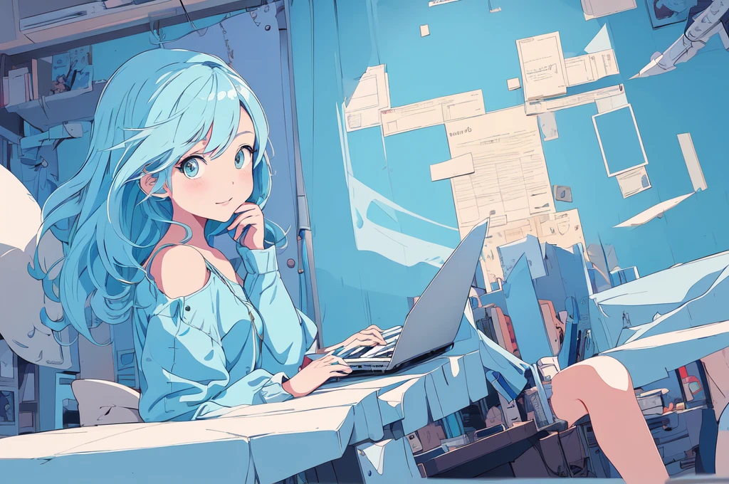 
cartoon girl sitting at a desk with a laptop computer, cartoon style illustration, digital anime illustration, in the art style of bowater, in style of digital illustration, illustration style, beautiful illustration, cute detailed digital art, beautiful digital illustration, stunning art style, trending on artstration, proffesional illustration, cute digital art, procreate illustration, beautiful drawing style