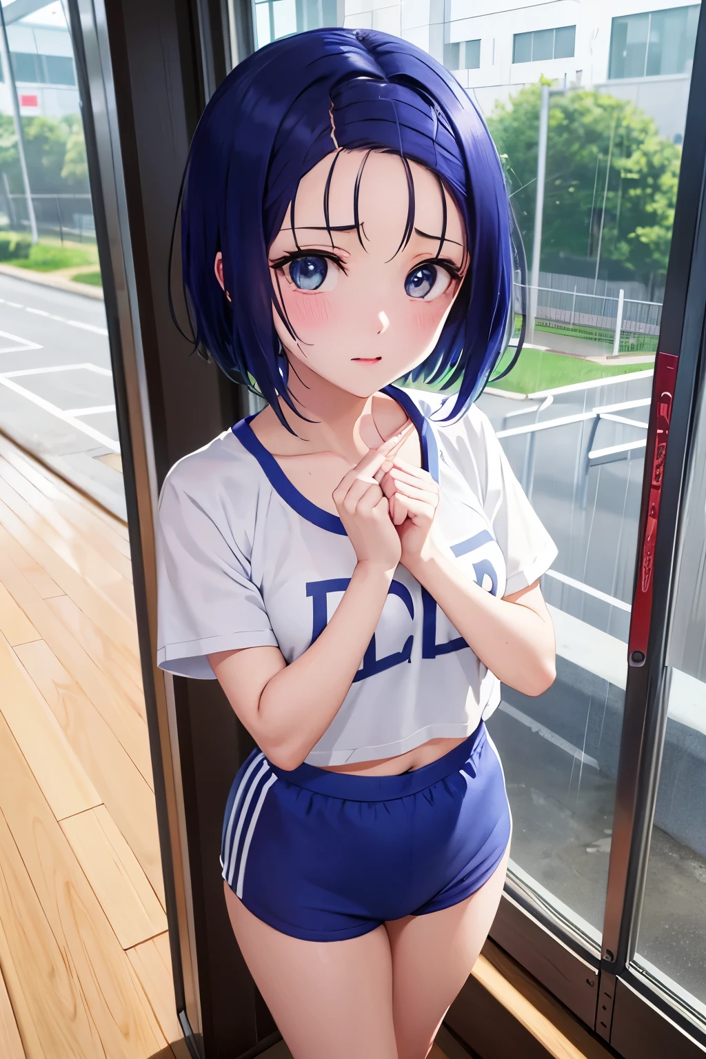 Haruna Sairenji、To Love-Ru、Blue Hair、Bobcut、Hairpins x 2、Show your forehead、high school girl、White gym clothes、Bloomers、Wet gym clothes、Sheer gym clothes、first round、Embarrassing、blush、（（（ＳＦＷ、sound、Highest quality、first-clasasterpiece、Normal body、8k、Detailed face、Ultra-precision、Normal hand、Normal finger、５Finger、Highest）））、Full body view、School、Behind the gym、rain、Outdoor