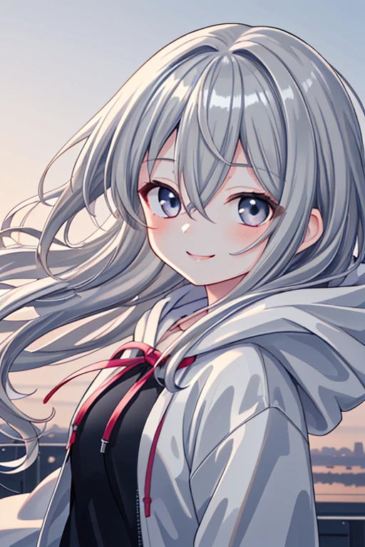 solo, High resolution, Long Hair, Gaze, smile, Bangs between the eyes, Highest quality, masterpiece, detail, High-resolution model, Ultra high definition, Gray Hair, The best smile, Simple Background, girl, high school girl, anime風, anime, cute, Shiny Hair, Cool face, Beautiful eyes, Widescreen, Overlooking, Wide-angle shot, detailの高いお花畑の背景, Hair blowing in the wind, evening, hoodie