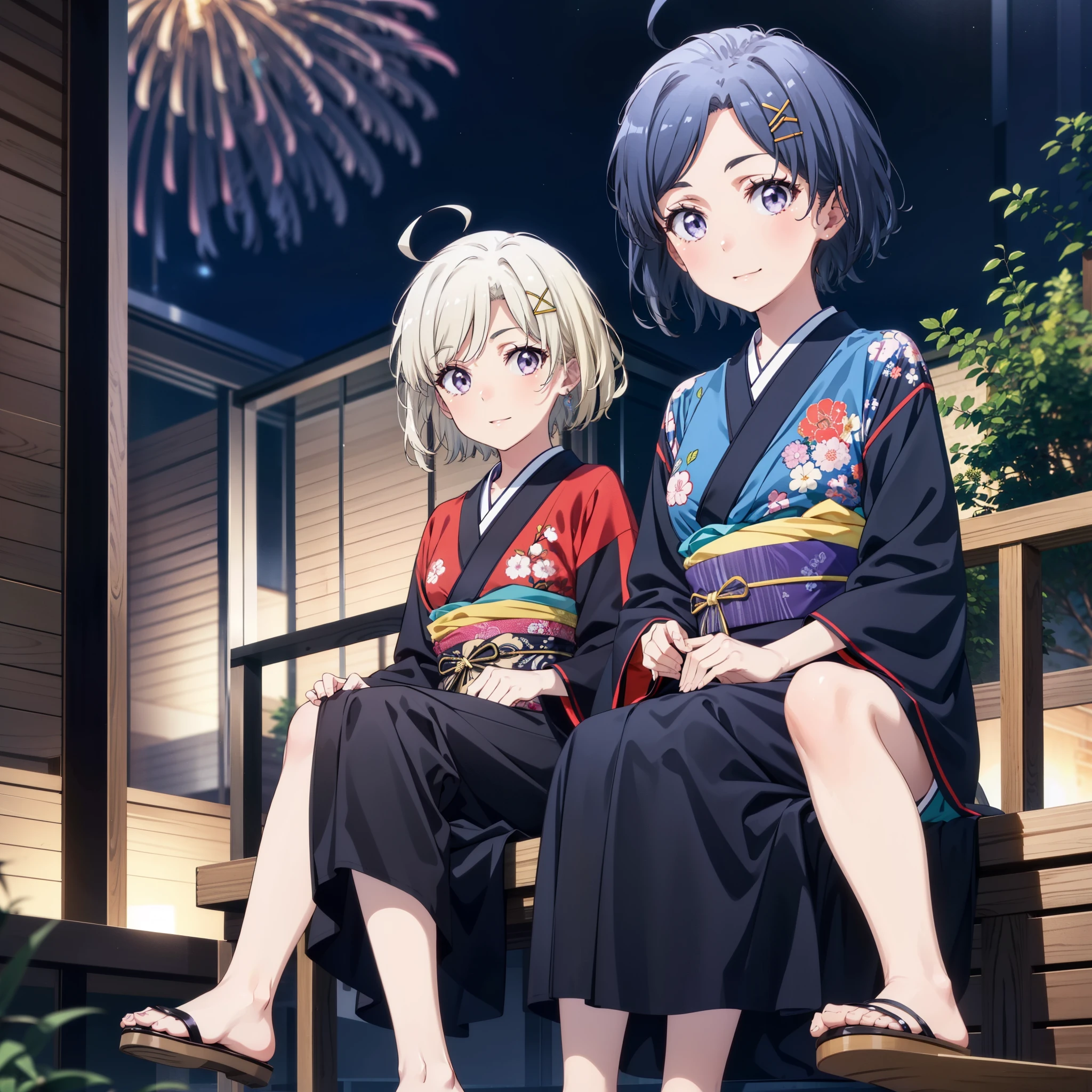 komachihikigaya, komachi hikigaya, short hair, Black Hair, hair ornaments, Ahoge, Hair Clip, x hair ornaments, (Purple eyes:1.1), tooth, smile, Open your mouth, black kimono,Sandals,Sitting on a bench,Fireworks in the night sky,Fireworks,The place is a fireworks display,Time is night,sunny day,turn around,whole bodyがイラストに入るように,
break outdoors,Veranda,Japanese Garden, 
break looking at viewer,whole body,
break (masterpiece:1.2), Highest quality, High resolution, unity 8k wallpaper, (figure:0.8), (Beautiful attention to detail:1.6), Highly detailed face, Perfect lighting, Highly detailed CG, (Perfect hands, Perfect Anatomy),