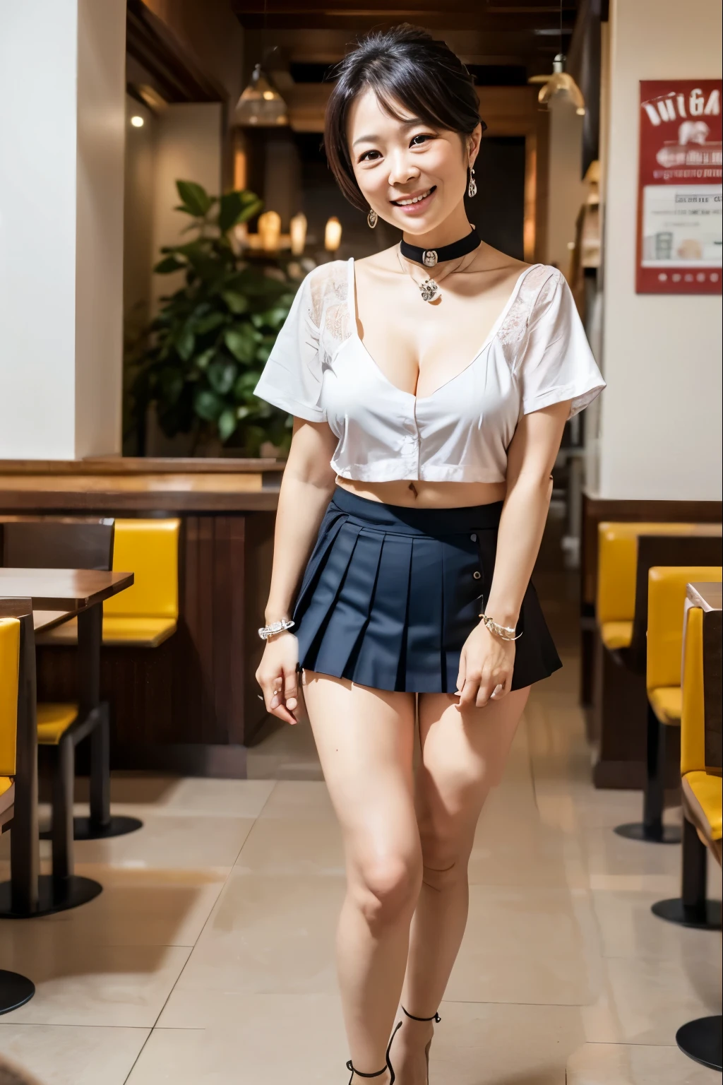(((fifties style striped pattern waitress costume))),(((walking))),(((bare inner thigh))),(((Show cleavage))),(((pastel colored socks pumps))),ulzzang-6500-v1.1, (Raw photo:1.2), (Photo realistic:1.4), a beautiful detailed girl, extremely detailed eye and face, beautiful detailed eyes, ultra-detailed, High resolution, top-quality, masterpiece, highly detailed, 8k wallpaper, Wonderful, finely detail, top-quality, (retro pop diner), Beautiful eyes, smile, Opening Mouth